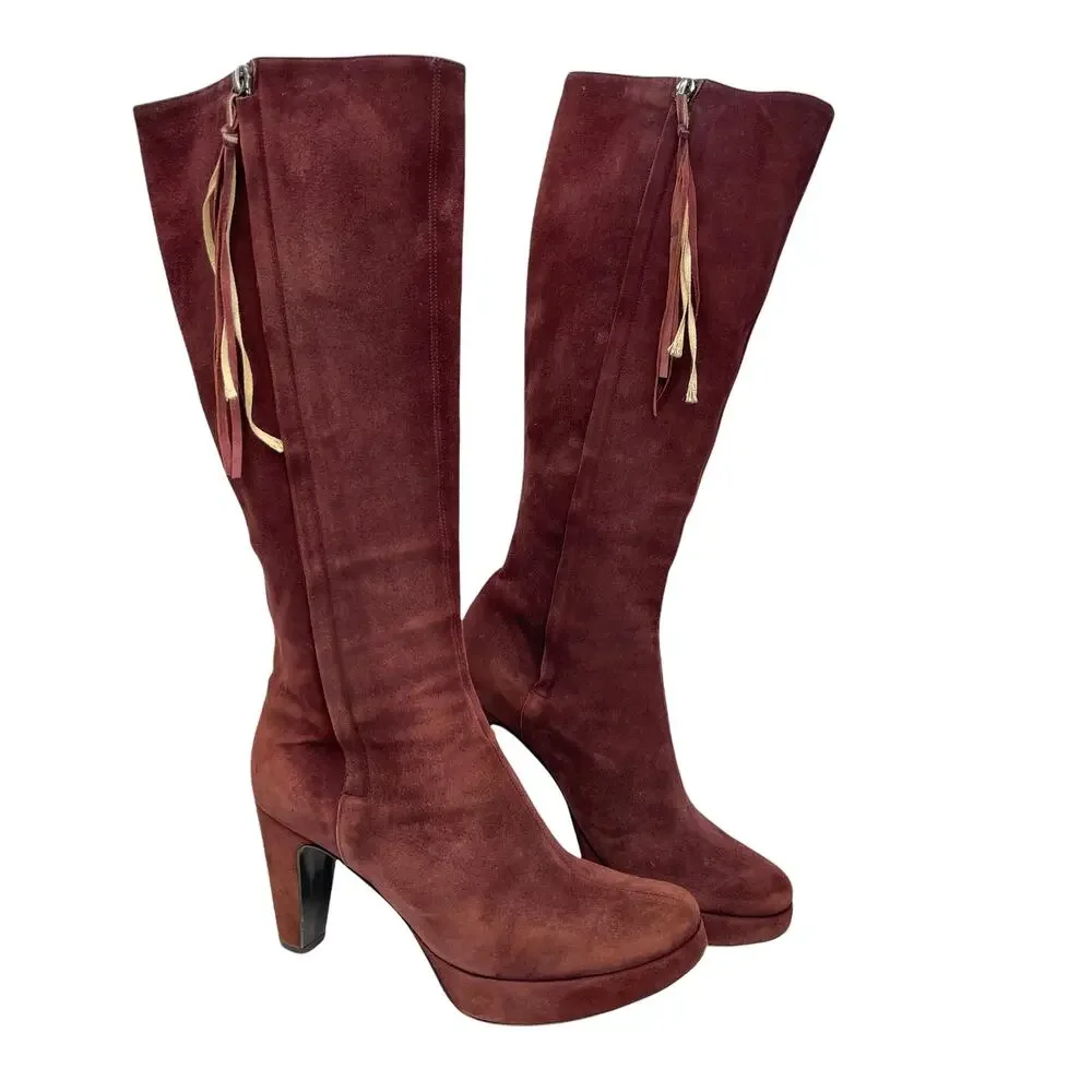Pollini Suede Knee High Boot Womens SZ 6.5 Maroon Tassel Tall Heel Double Zip